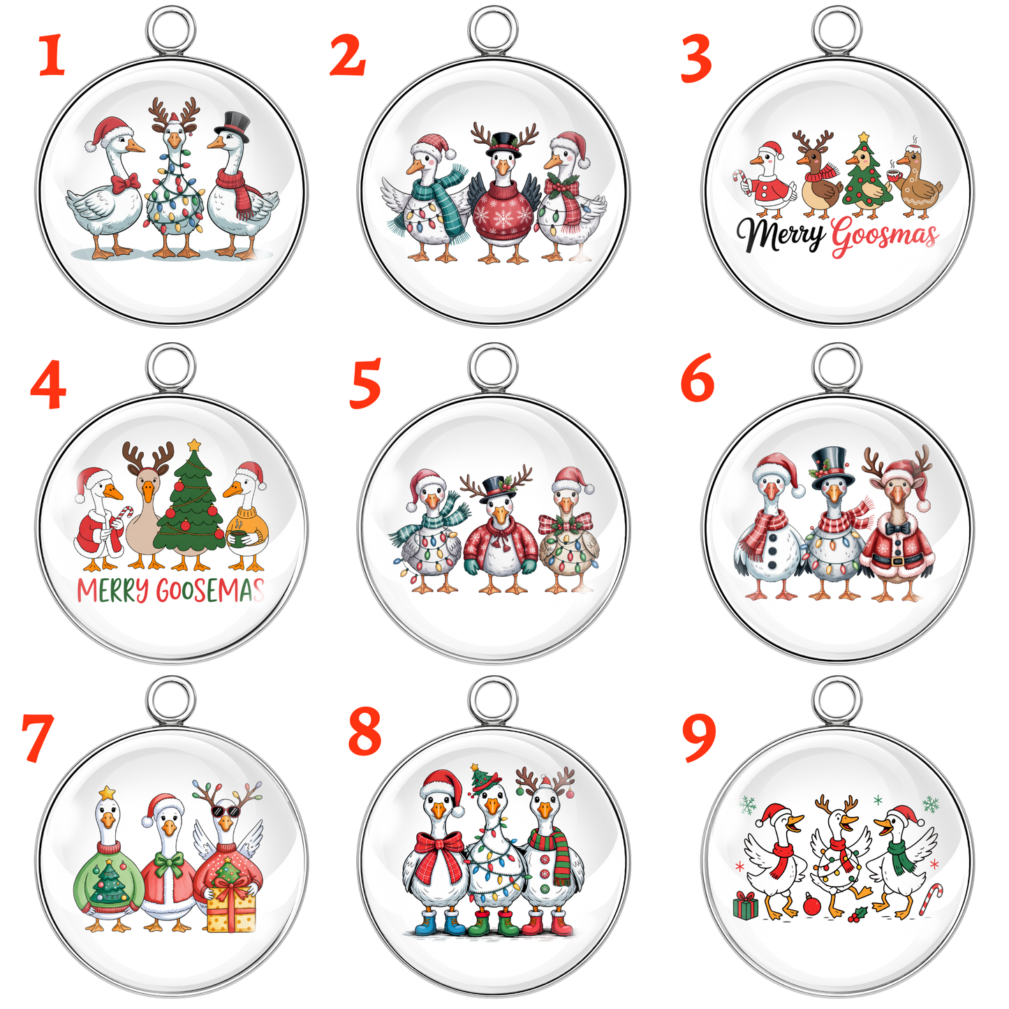 Nine Christmas-themed pendants with cartoon animals on a white background