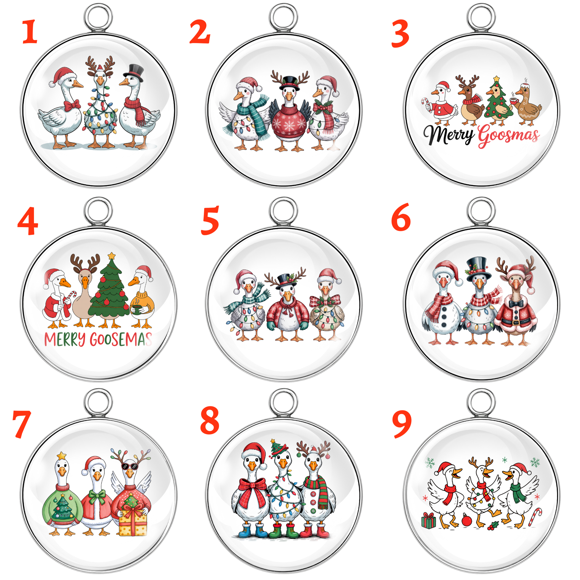 Nine Christmas-themed pendants with cartoon animals on a white background
