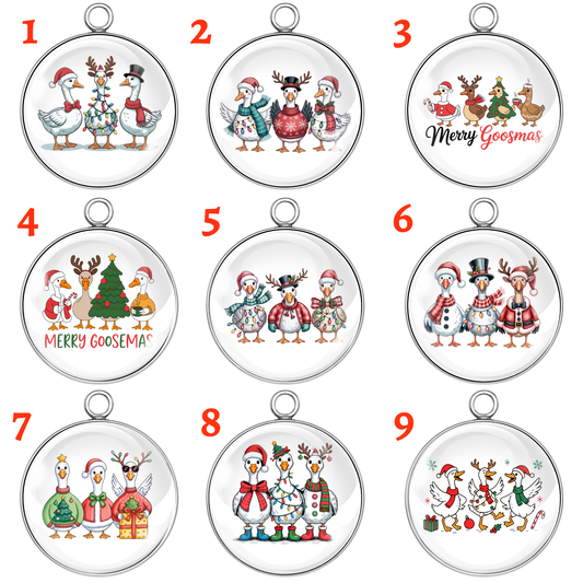 Nine Christmas-themed pendants with cartoon animals on a white background