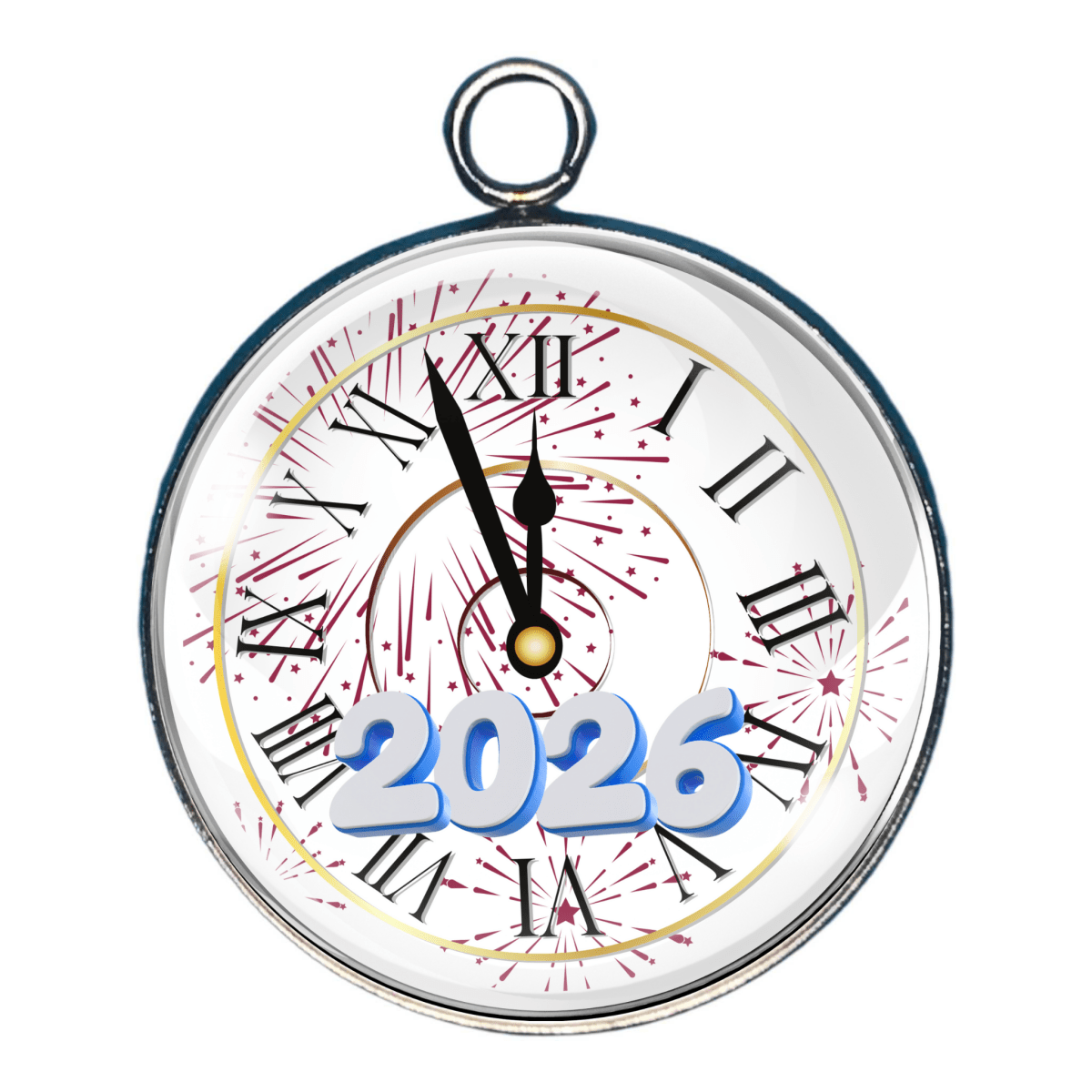 2026 New Year charm with a nearly midnight clock and bold 2026 numbers.