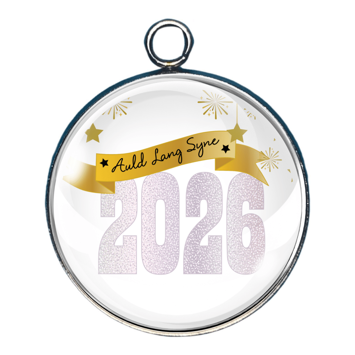 2026 New Year charm with glittery numbers, fireworks, and gold banner.