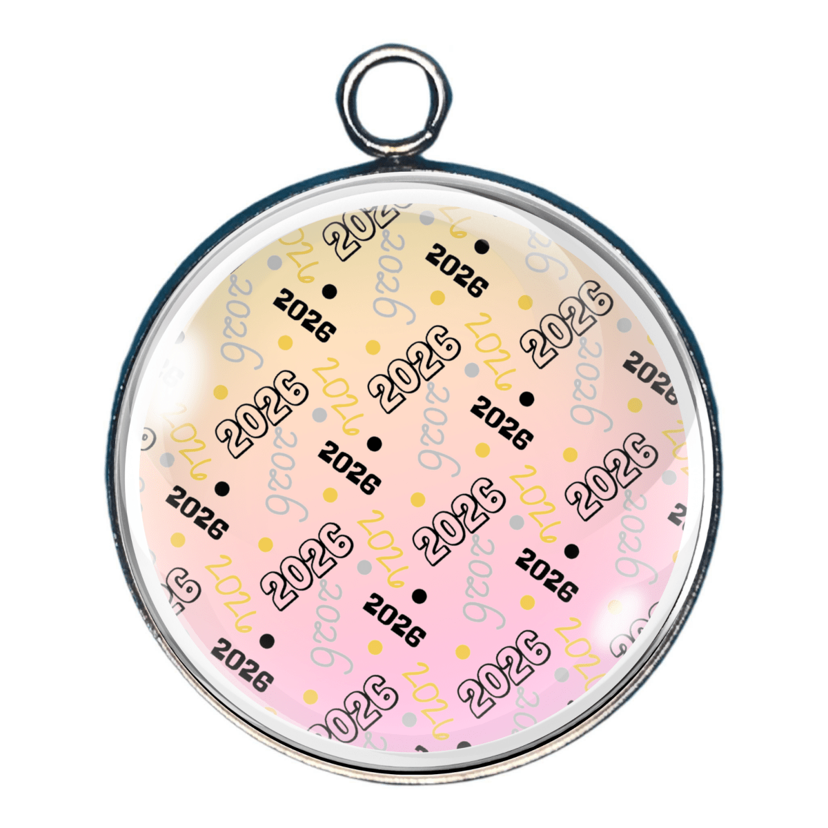 2026 New Year charm with soft pink and gold repeating pattern.