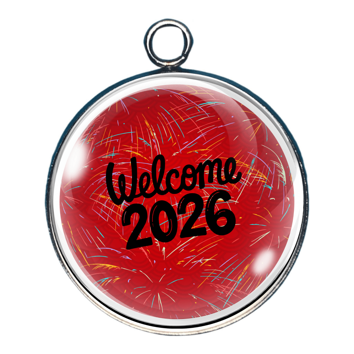 2026 New Year charm with Welcome 2026 text on red background with fireworks.
