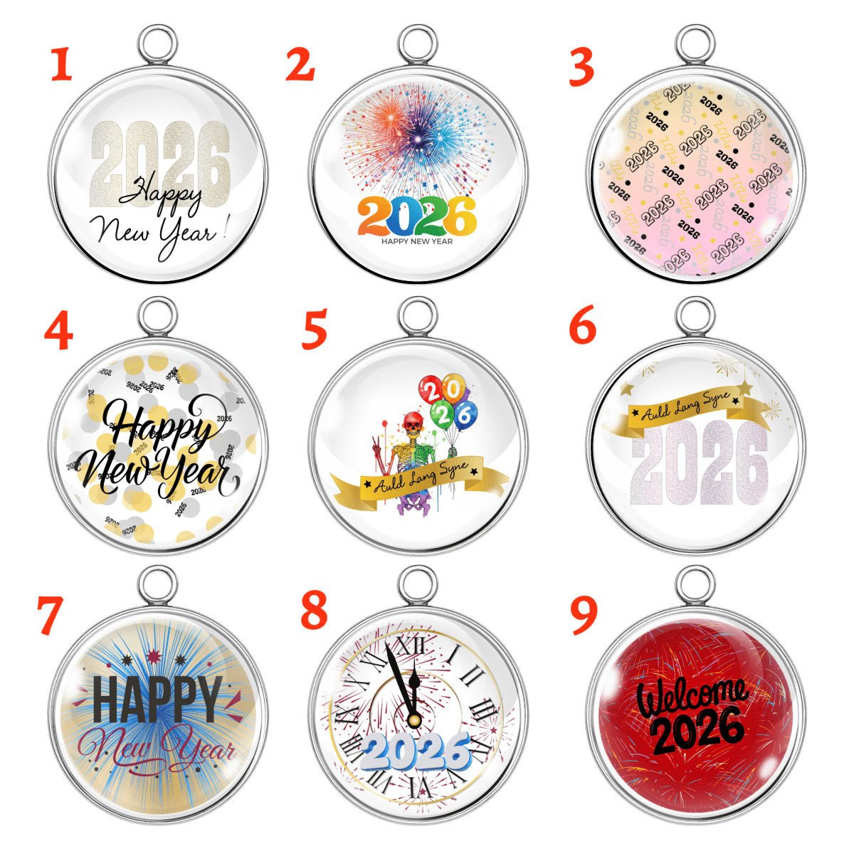 Set of nine handmade 2026 New Year charms with colorful fireworks, confetti, and festive lettering.