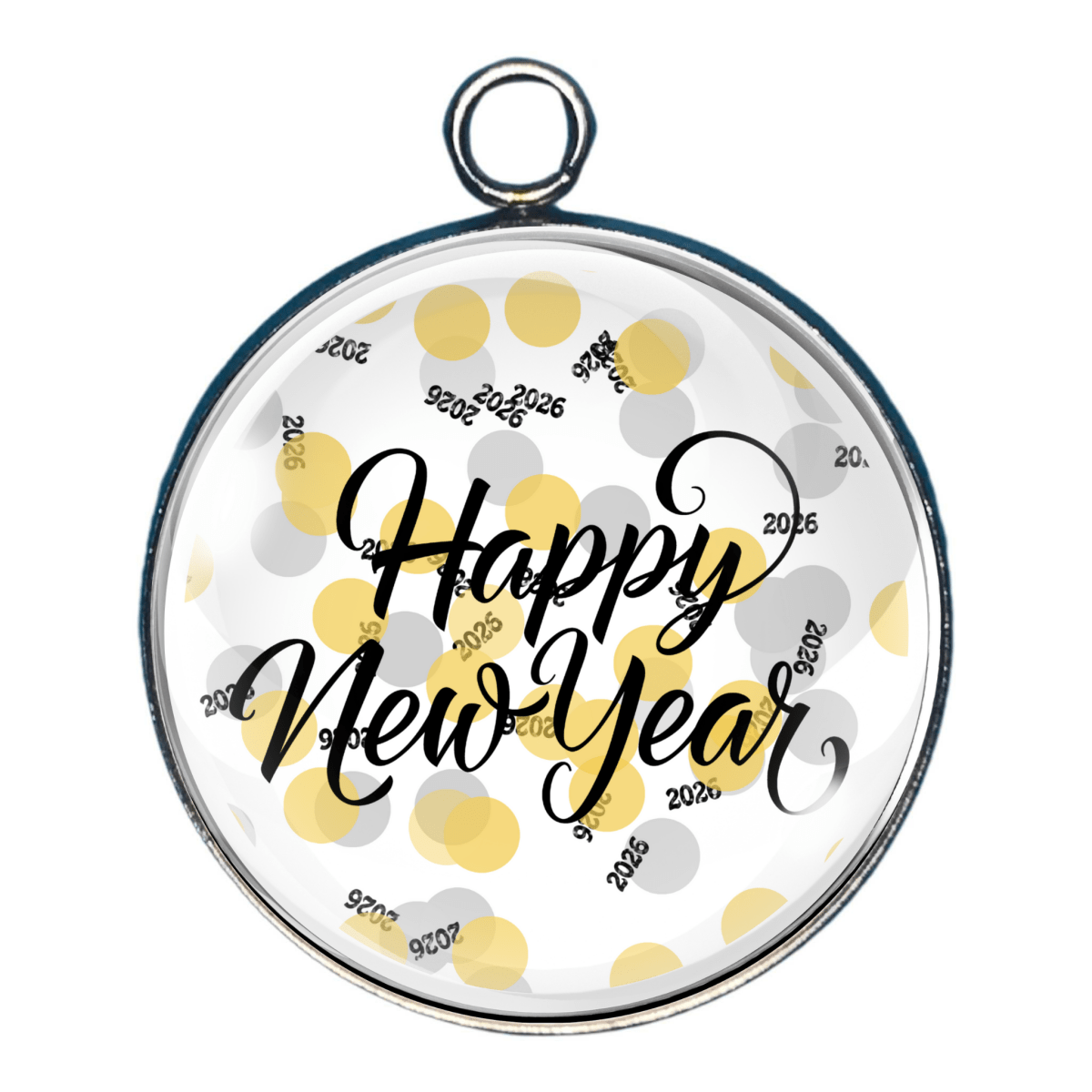 2026 New Year charm with Happy New Year script and gold confetti.