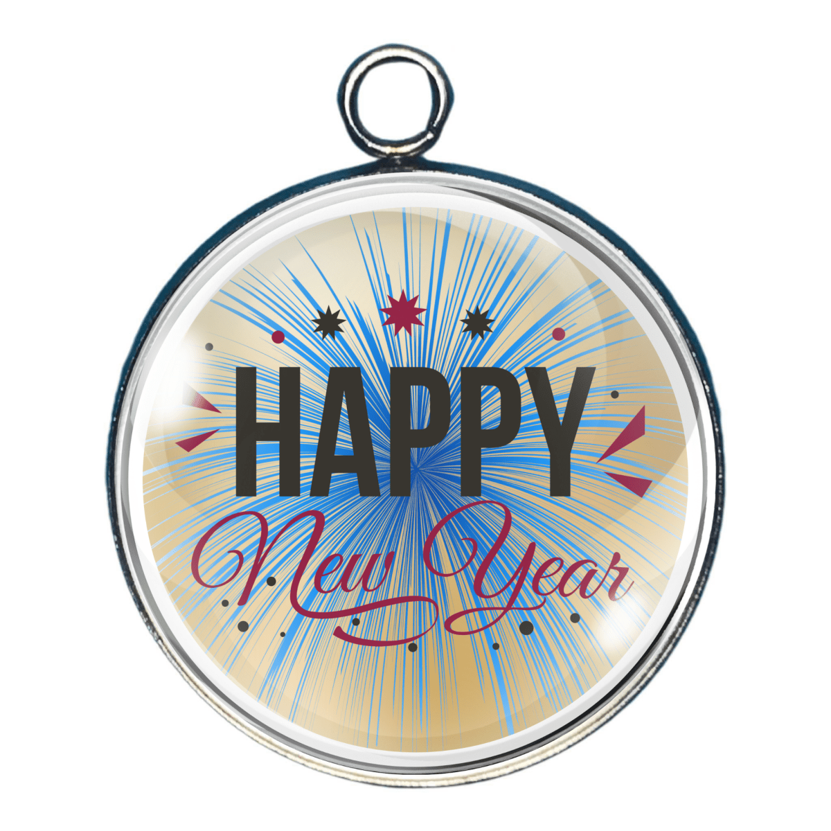 2026 New Year charm with colorful starburst and Happy New Year text.