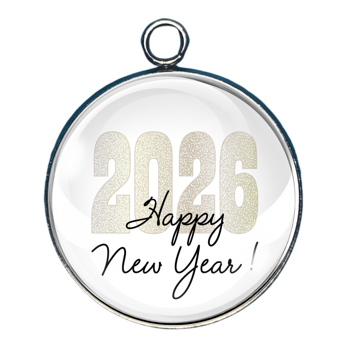 2026 New Year charm with gold glitter numbers and Happy New Year text.