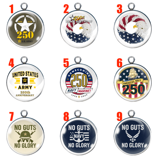 Nine round patriotic military-themed cabochon charms arranged in a 3x3 grid, each featuring unique designs honoring U.S. Army, Navy, Marines, and Air Force.