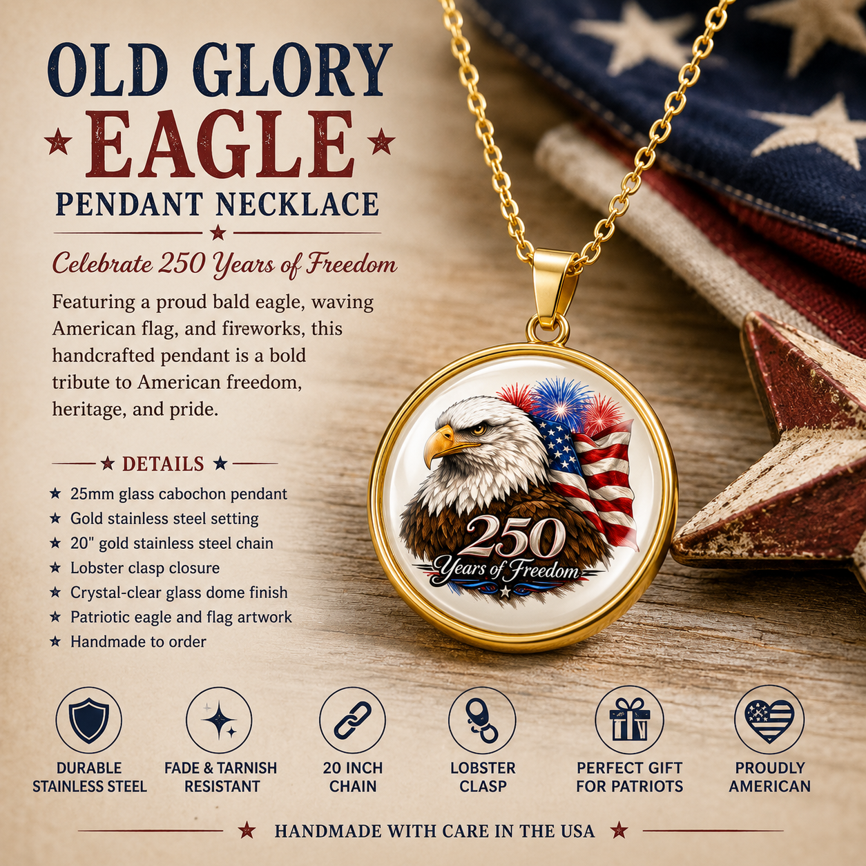 Old Glory Eagle pendant necklace with American flag design on a wooden surface.