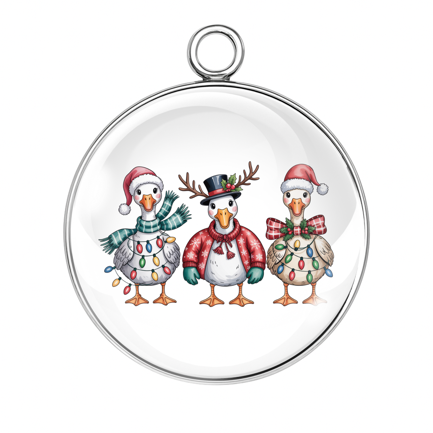 Cute geese holding ornaments in holiday sweaters charm