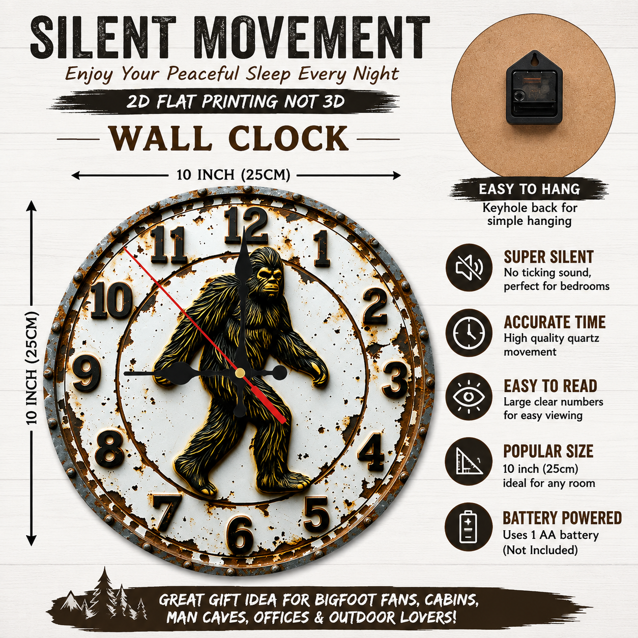 Rustic Bigfoot Wall Clock 10" Silent Non-Ticking Cabin Lodge Man Cave Decor