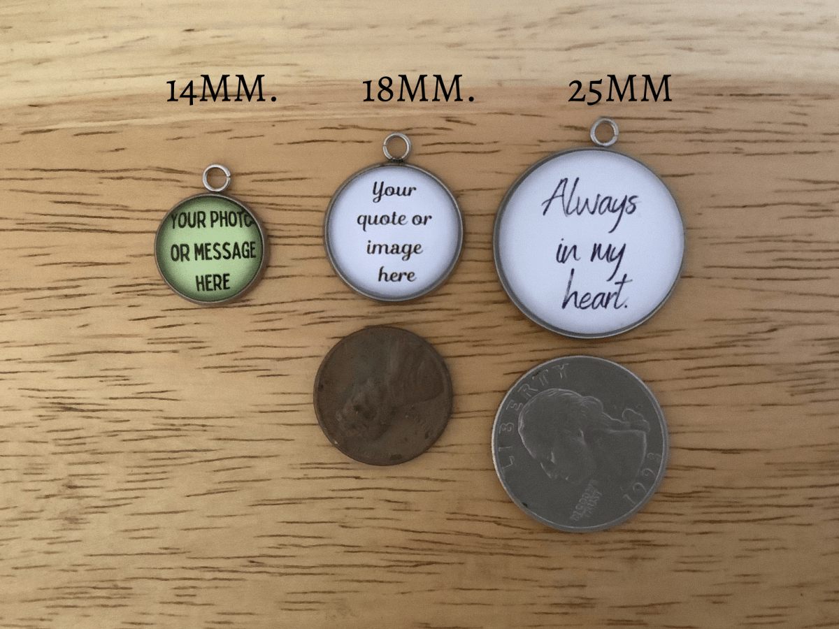 Sizing of the Charm sizes on a wooden surface with coins for scale.