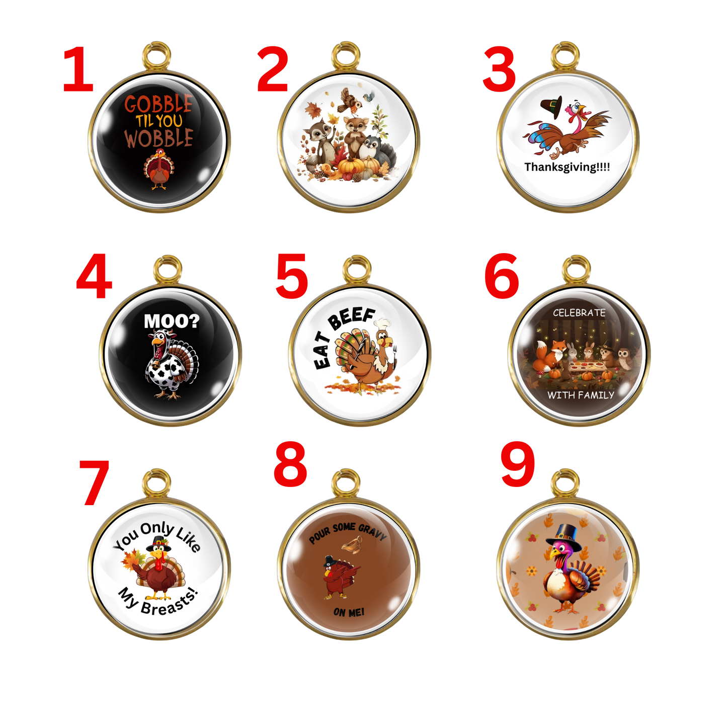 Funny Thanksgiving turkey charm collection with humorous sayings and festive fall designs.