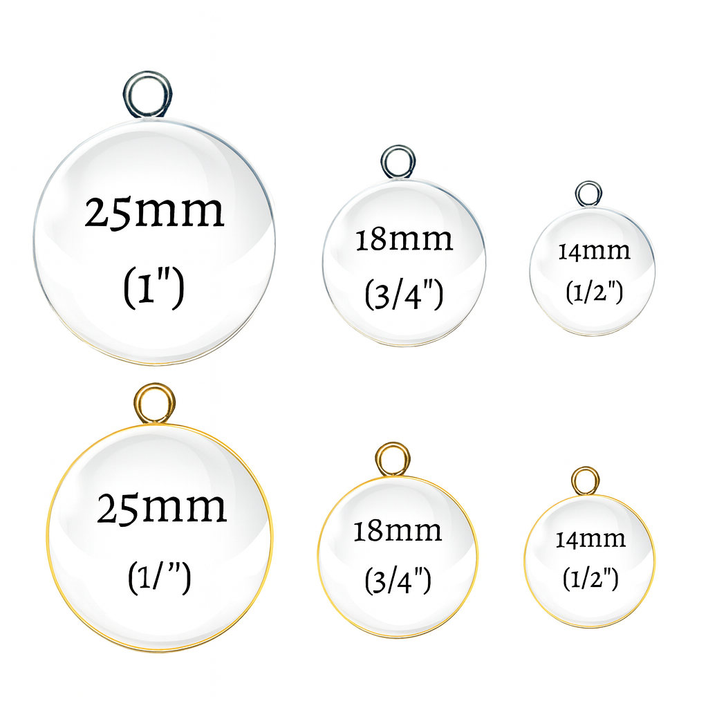 Charm size comparison showing silver and gold glass cabochon bases in three sizes — 25mm (1 inch), 18mm (3/4 inch), and 14mm (1/2 inch). Top row displays silver bases, and bottom row displays gold bases, used for handmade jewelry and crafts.