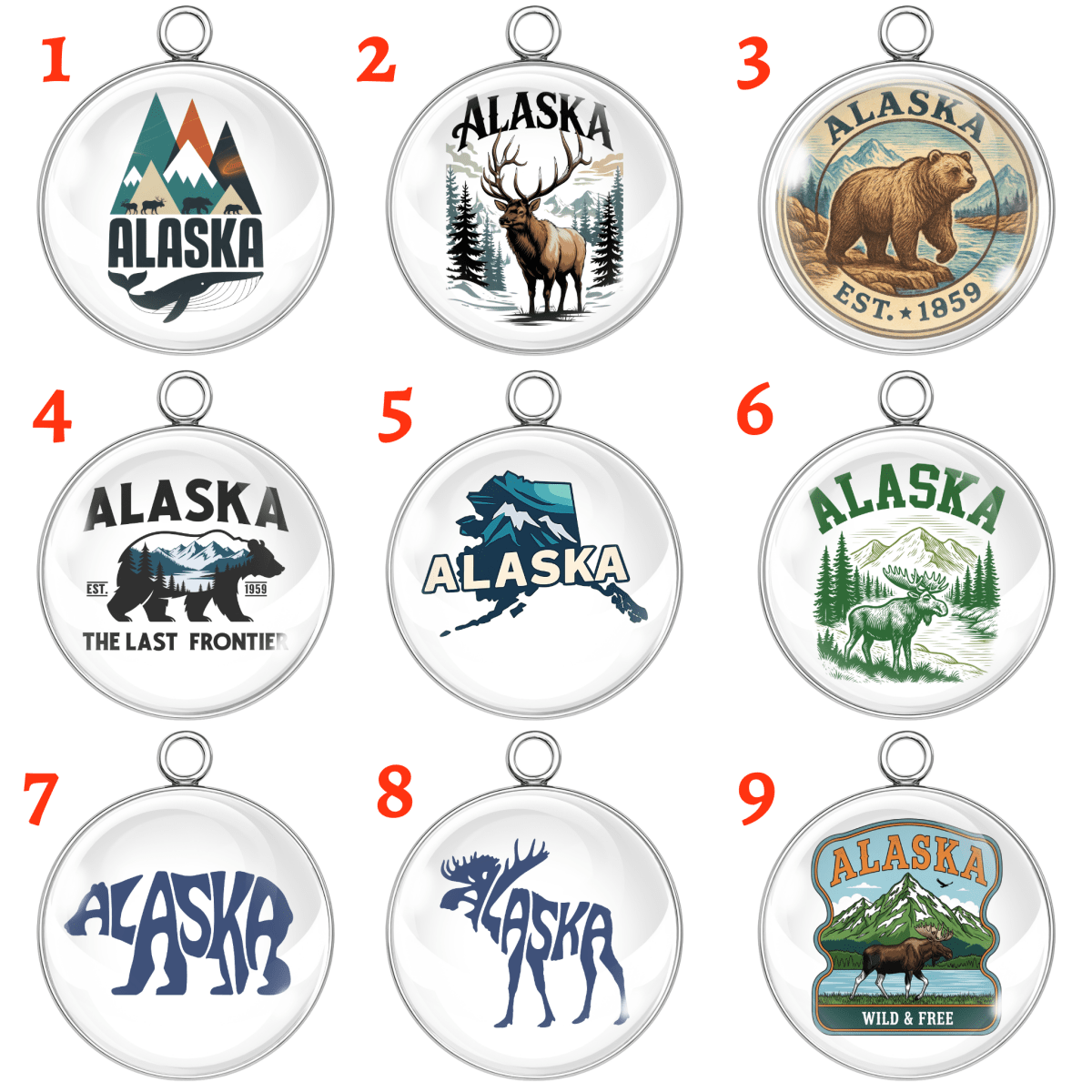 Nine circular pendants featuring various Alaska-themed designs on a white background.