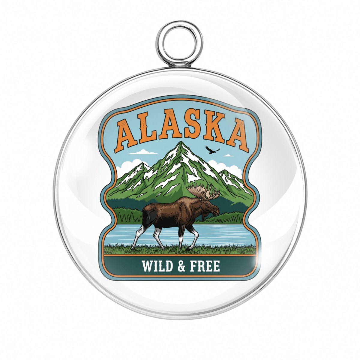 Pendant with 'Alaska Wild & Free' design featuring a moose and mountain landscape.