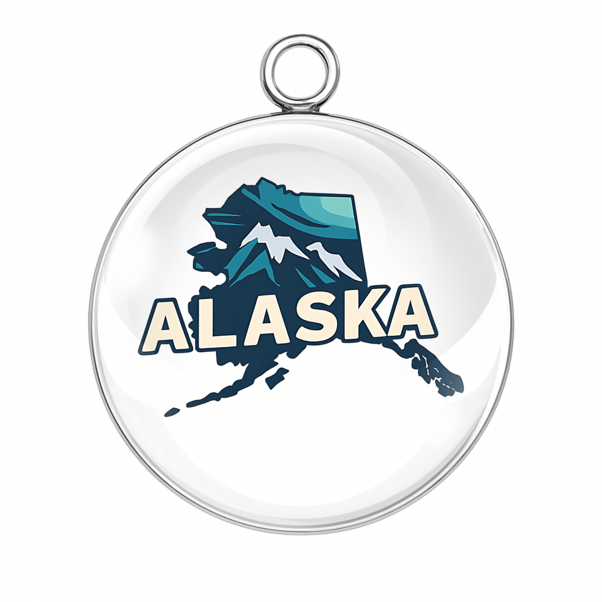 Circular pendant with Alaska map design on a white background
