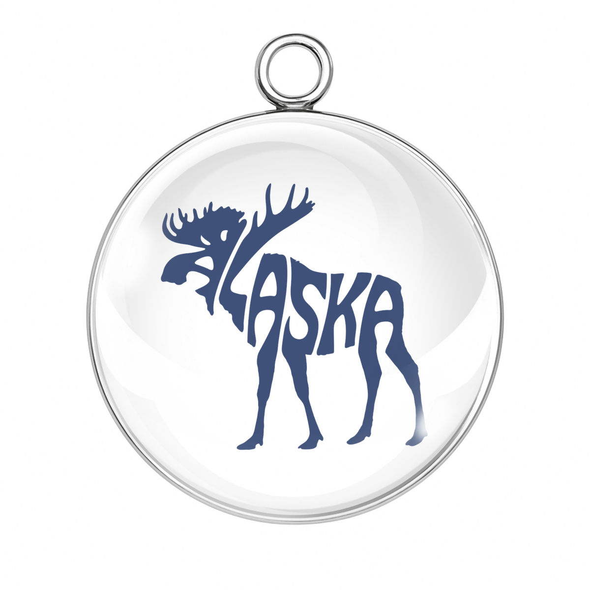 Round pendant with blue moose silhouette and 'Alaska' text on a white background