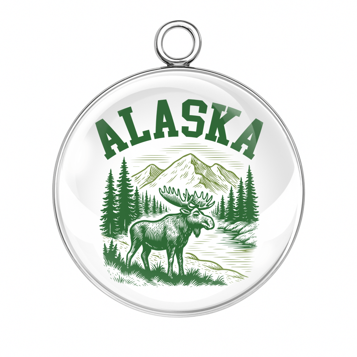 Circular pendant with 'Alaska' text, moose illustration, and mountain scenery on a white background.