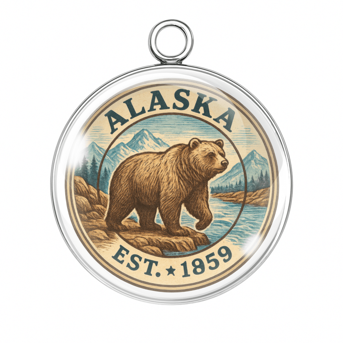 Round pendant with bear illustration and 'Alaska Est. 1859' text on a white background