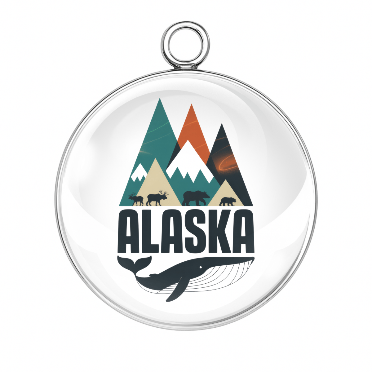 Round pendant with mountain design and 'Alaska' text on a white background