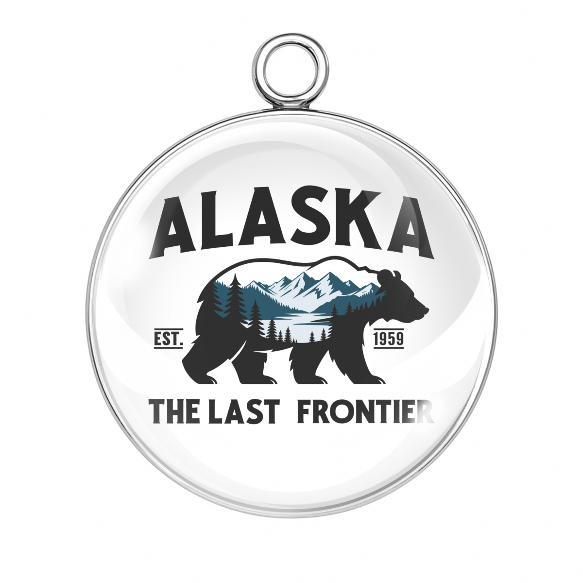 Pendant with bear design and 'Alaska The Last Frontier' text on a white background