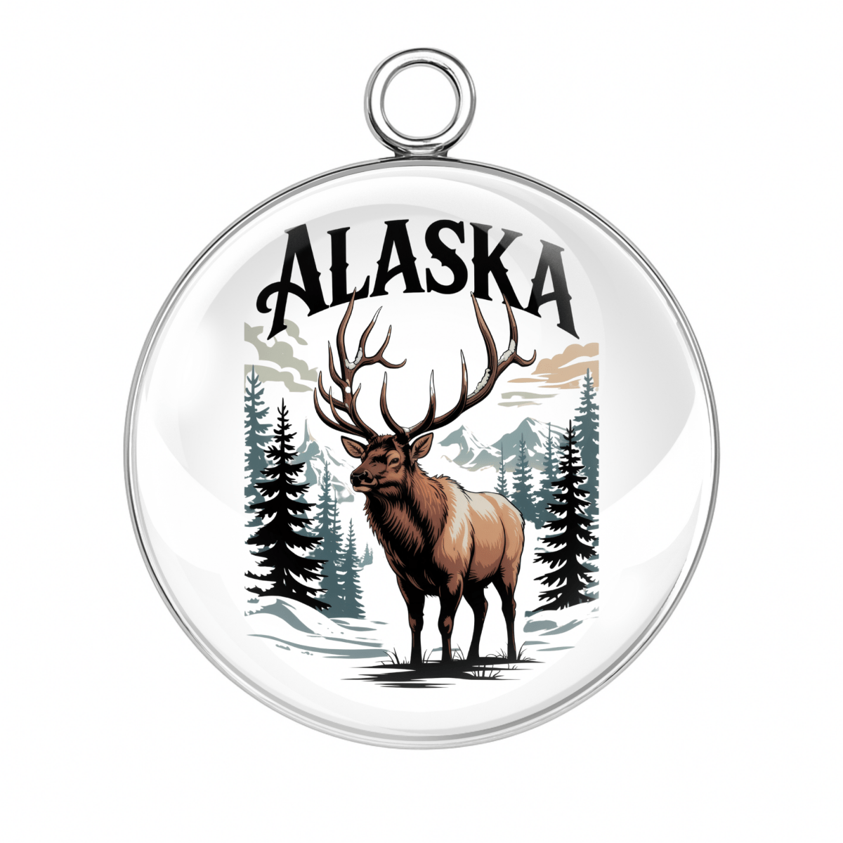 Circular pendant with elk illustration and 'Alaska' text on a white background