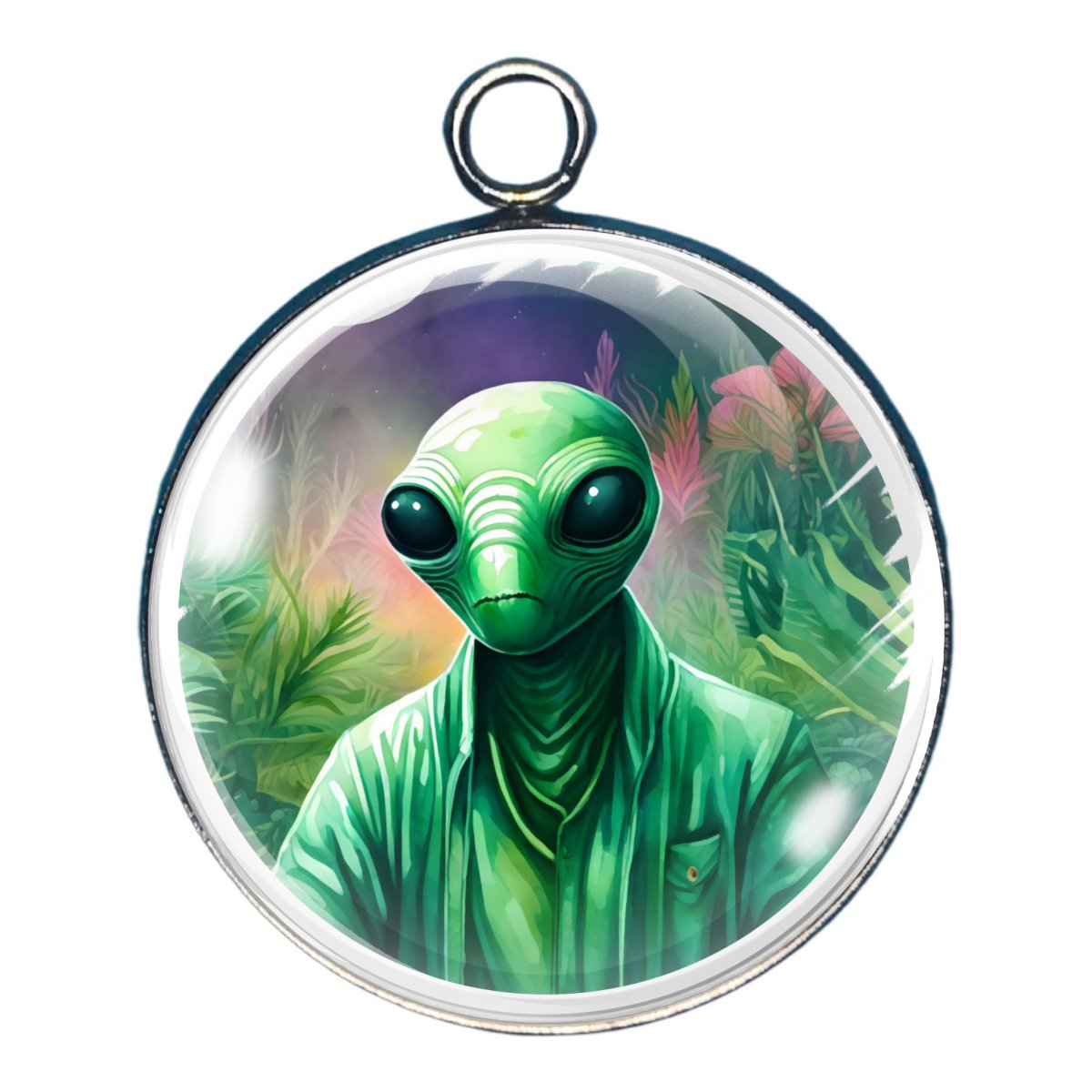 a charm depicting an alien in the woods