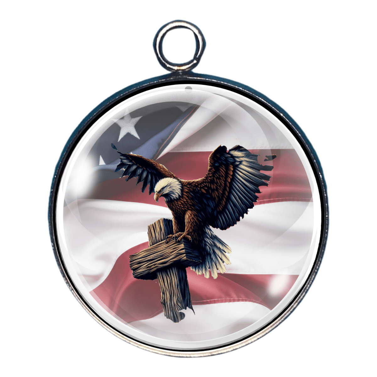 Charm of an Eagle perching on a cross with a flag in the background