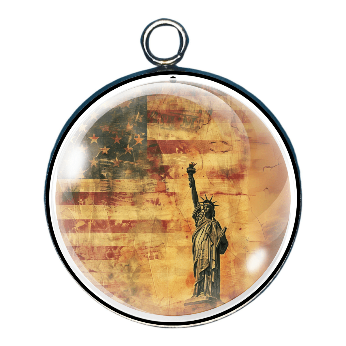 Charm of a distressed flag with the Statue of Liberty