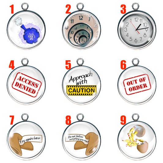 Group of 9 April Fools type charms