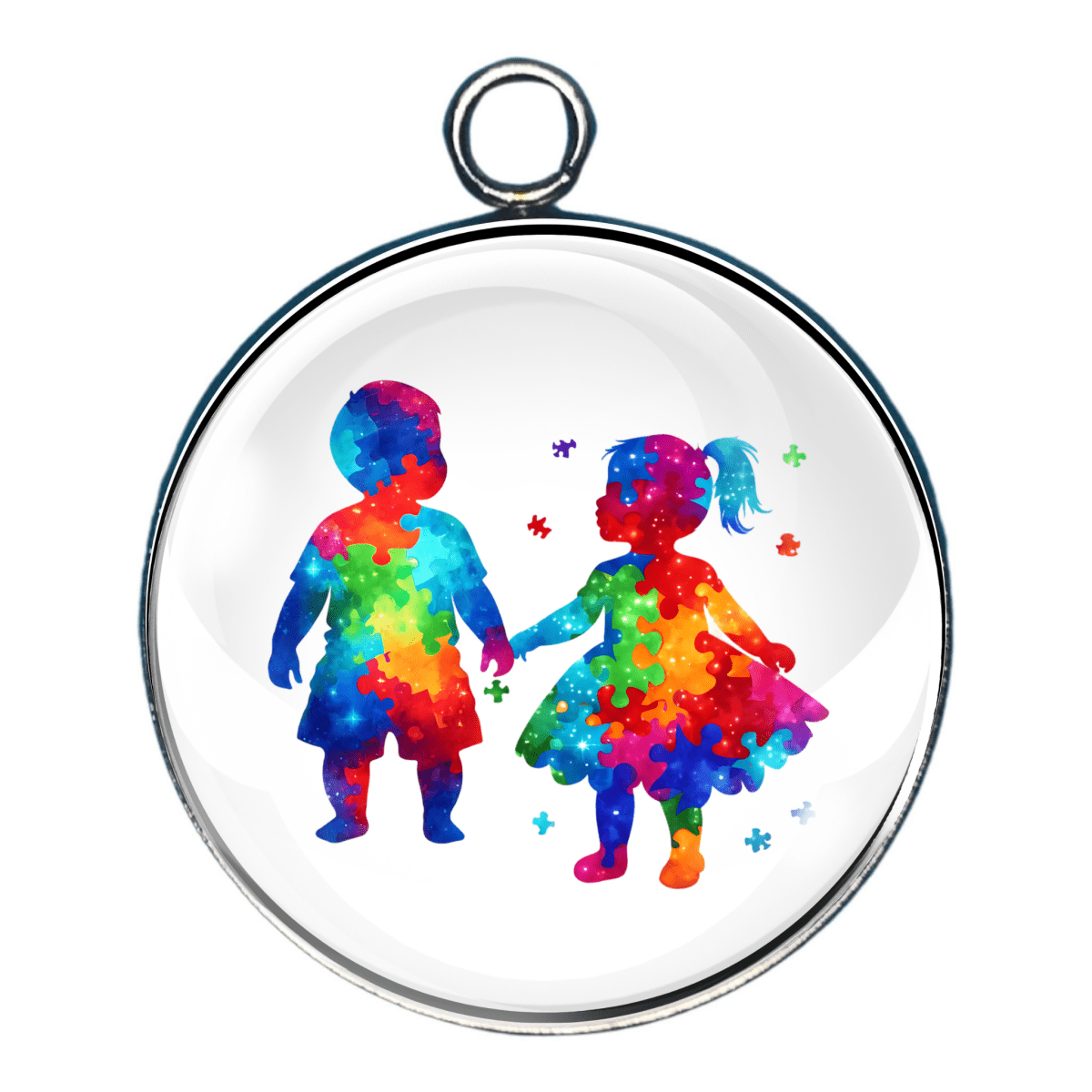 Charm of 2 kids made of puzzle pieces and rainbows