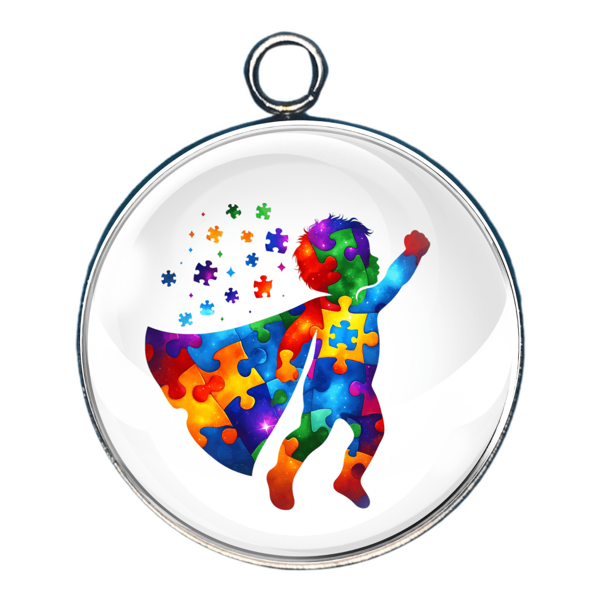 Charm of a child in a cape made of rainbow colored puzzle pieces