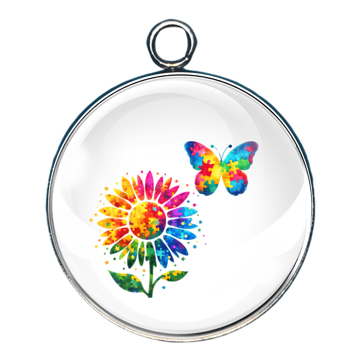 Charm of a rainbow themed flower and butterfly.