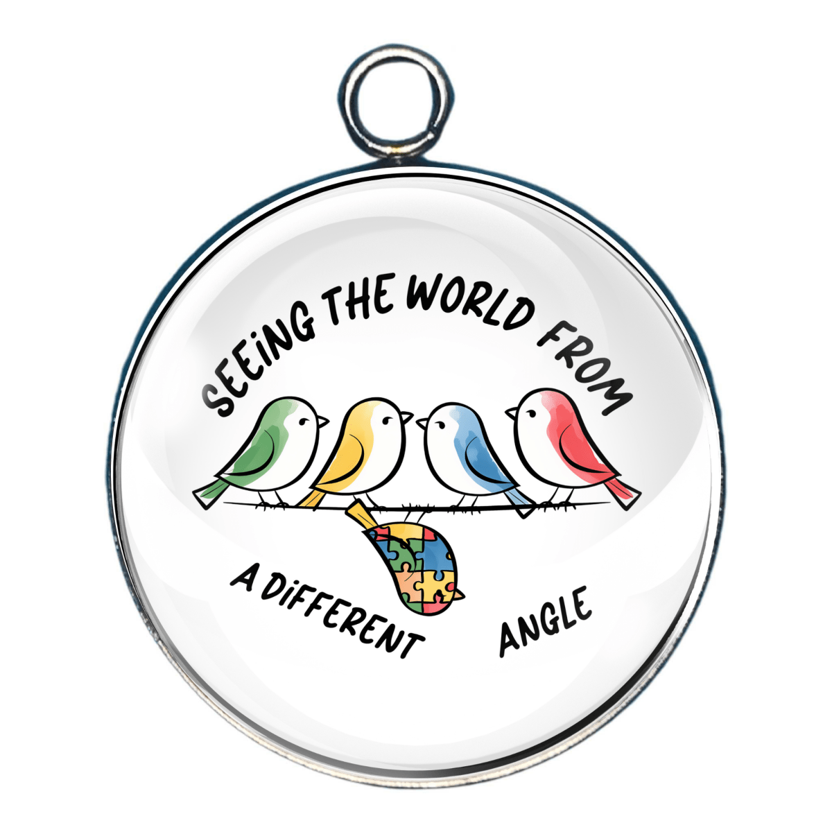 Charm of birds on a wire and the words 'seeing the world from a different angle