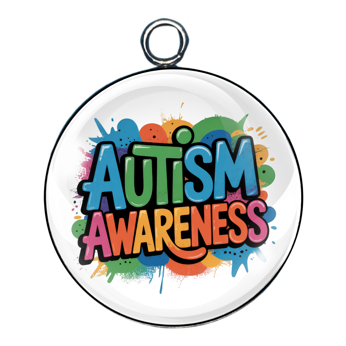 Charm 2:
"Glass charm with bold 'Autism Awareness' text on bright abstract background."