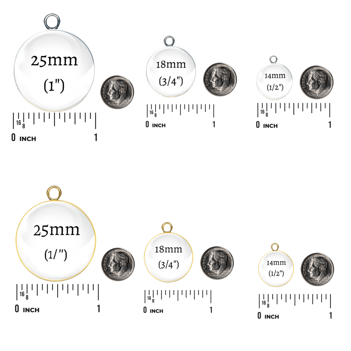 Charm size chart with coins for reference. In gold and silver.