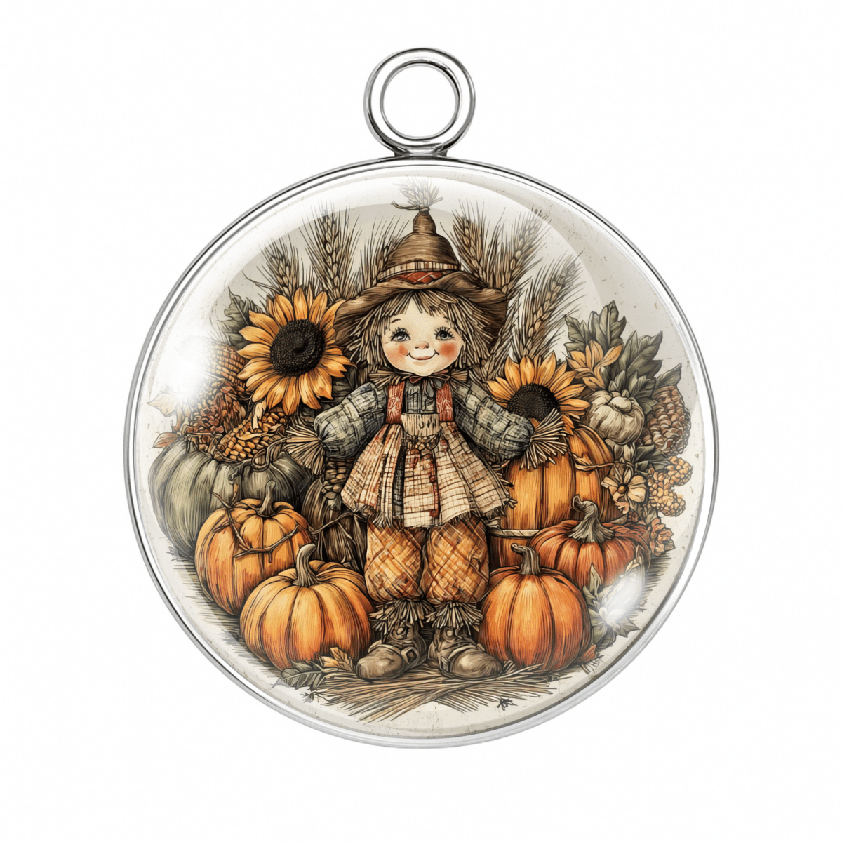 Sunflower harvest scarecrow with pumpkins