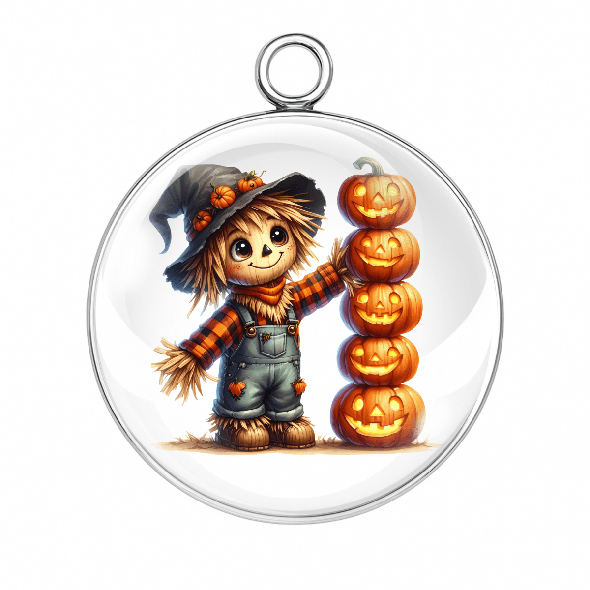 Scarecrow stacking jack-o’-lantern pumpkins