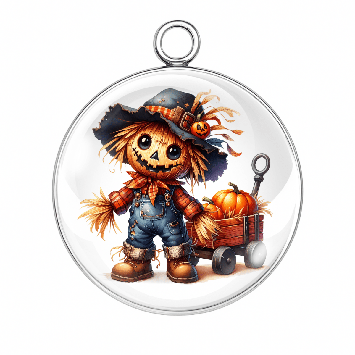 Scarecrow pulling pumpkin in red wagon