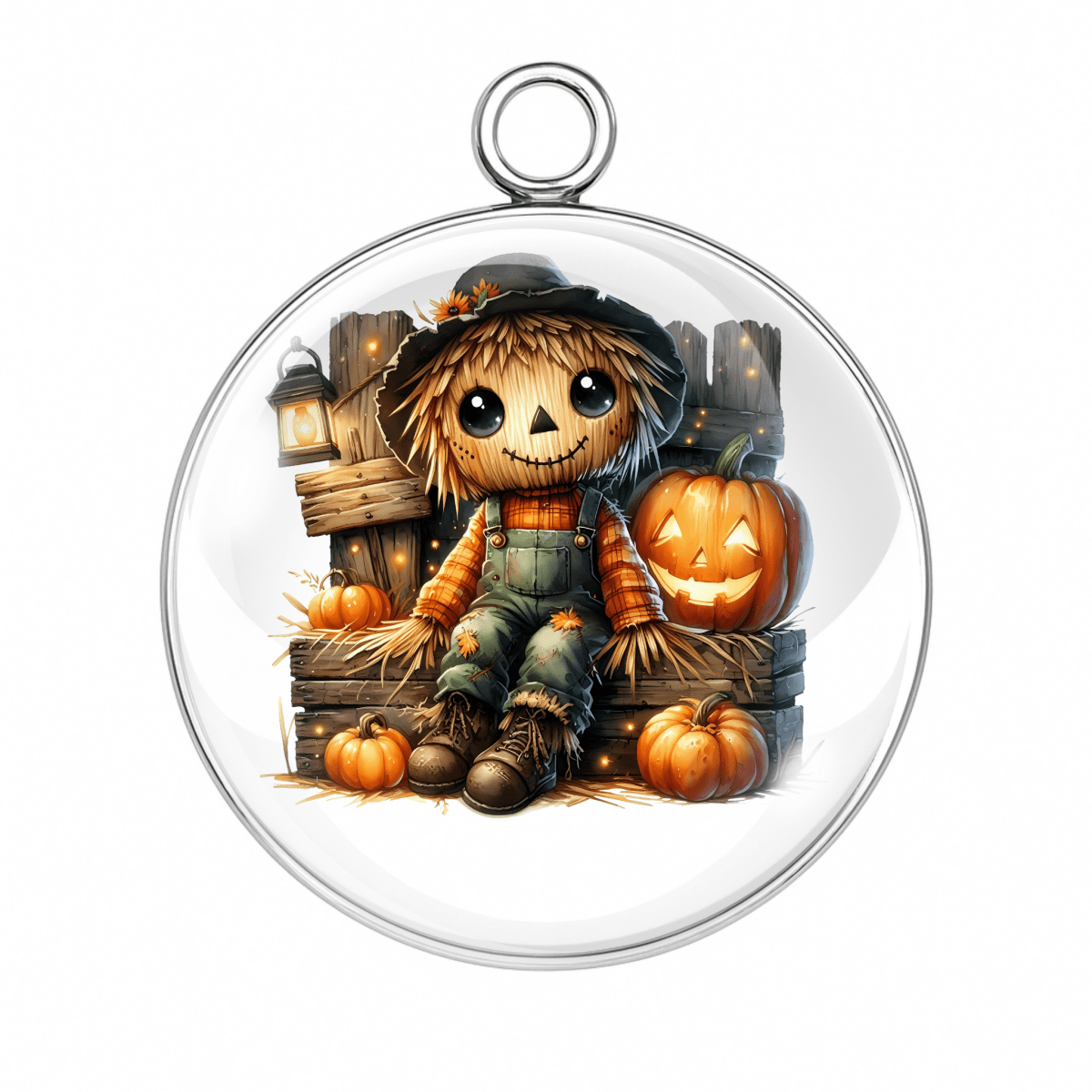 Scarecrow on hay bale with pumpkins