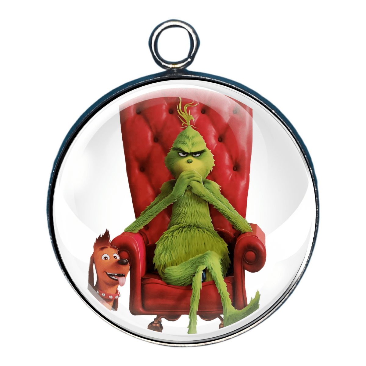 Charm of Grinch in a red chair with his hands hiding his mischievous smile and max next ot him