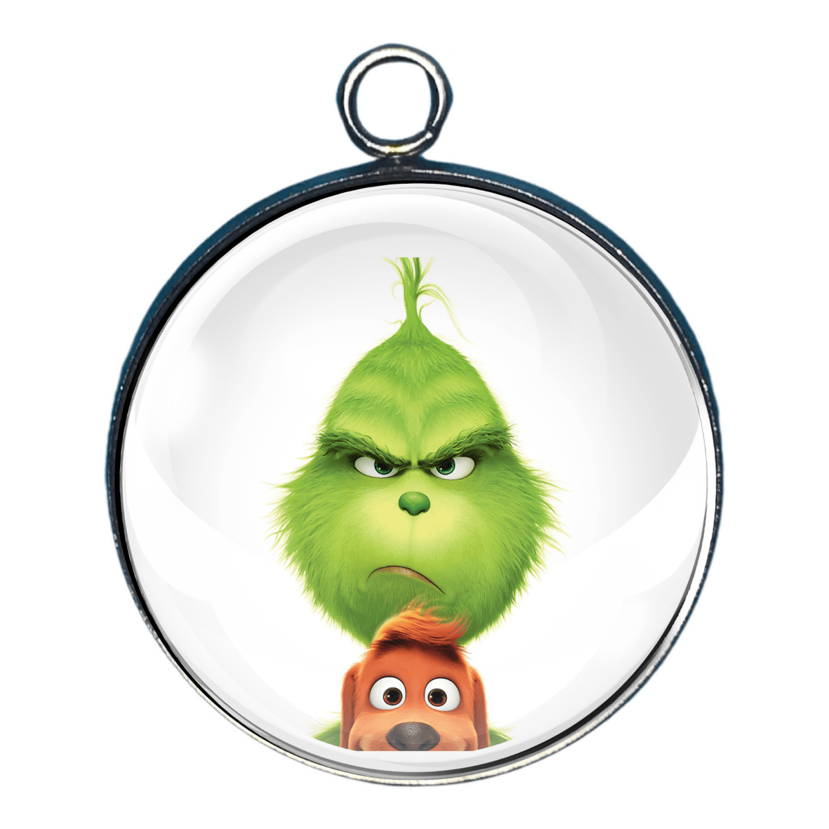 Charm of Grinch frowning with Max the dog at his chin