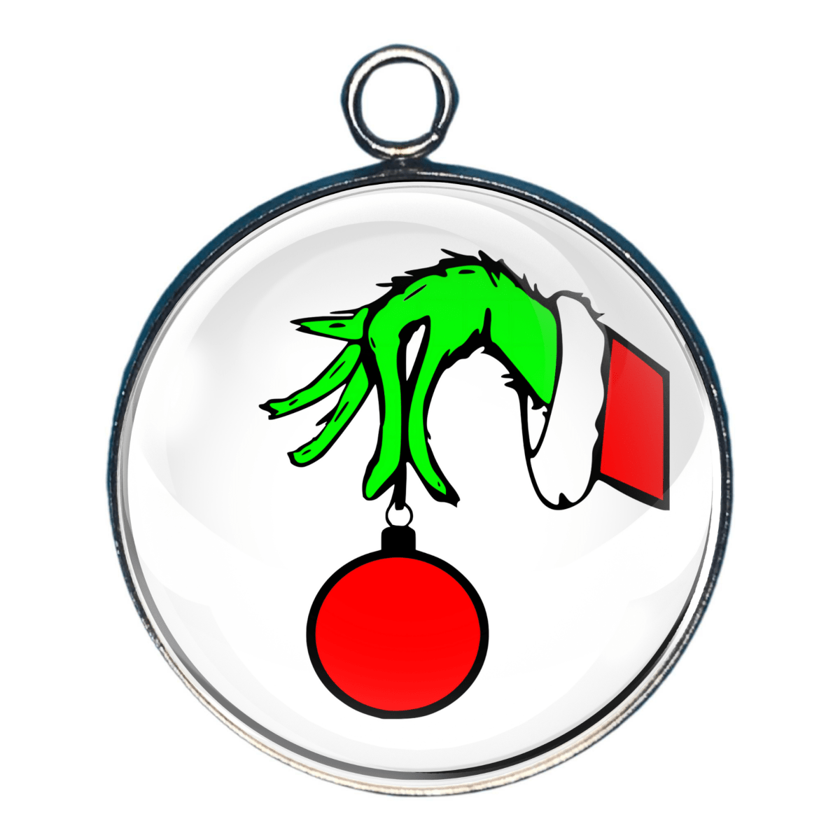 Charm of Grinch hand holding red ornament wearing Santa sleeve