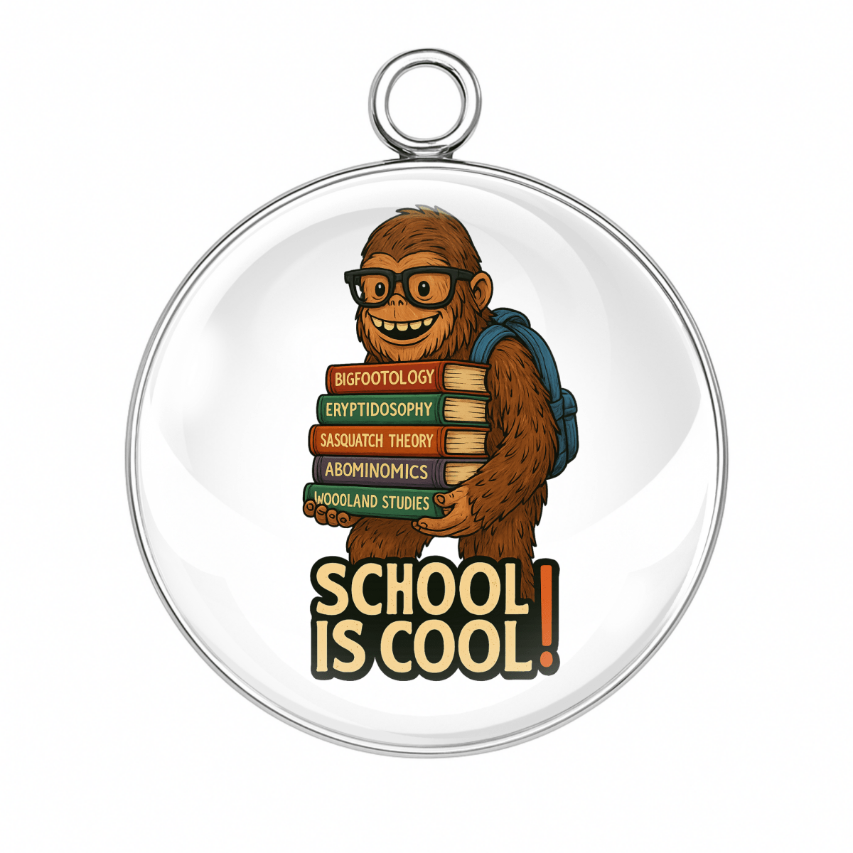 Bigfoot holding a stack of school books with "School is Cool!" text.