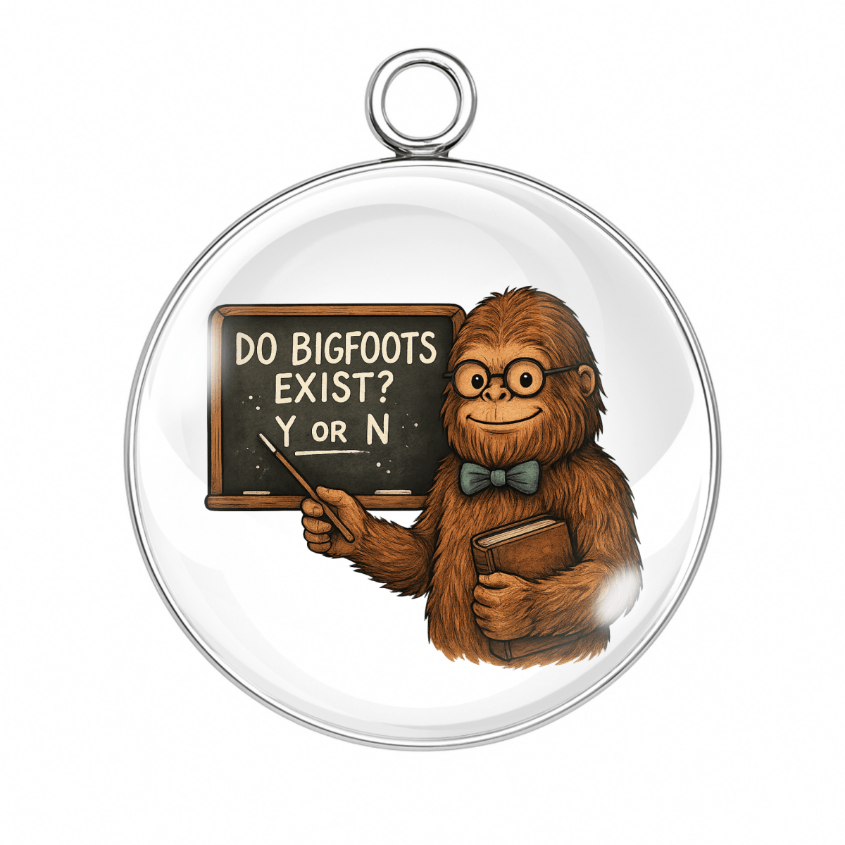 Bigfoot teacher pointing to a chalkboard that says "Do Bigfoots Exist? Yes or No."