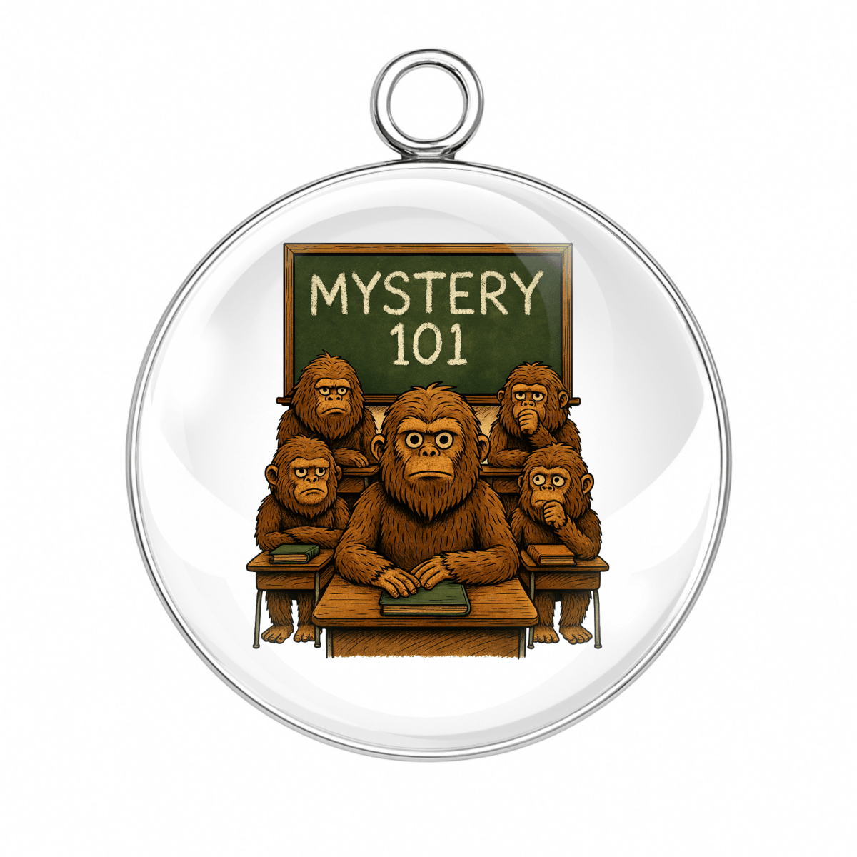 Bigfoot classmates in a classroom with a chalkboard reading Mystery 101.