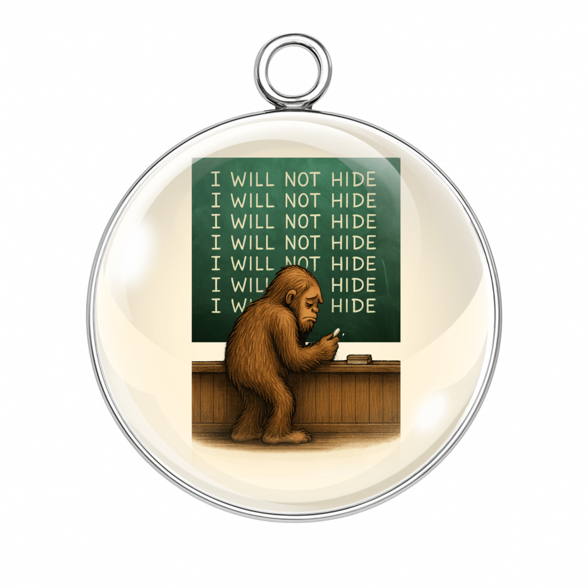 Sad Bigfoot writing "I WILL NOT HIDE" repeatedly on a chalkboard.