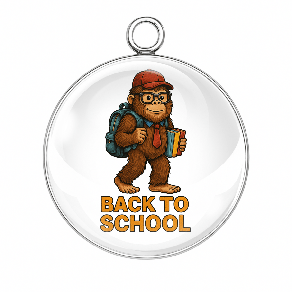 Bigfoot in red cap and glasses holding folders, captioned "Back to School."