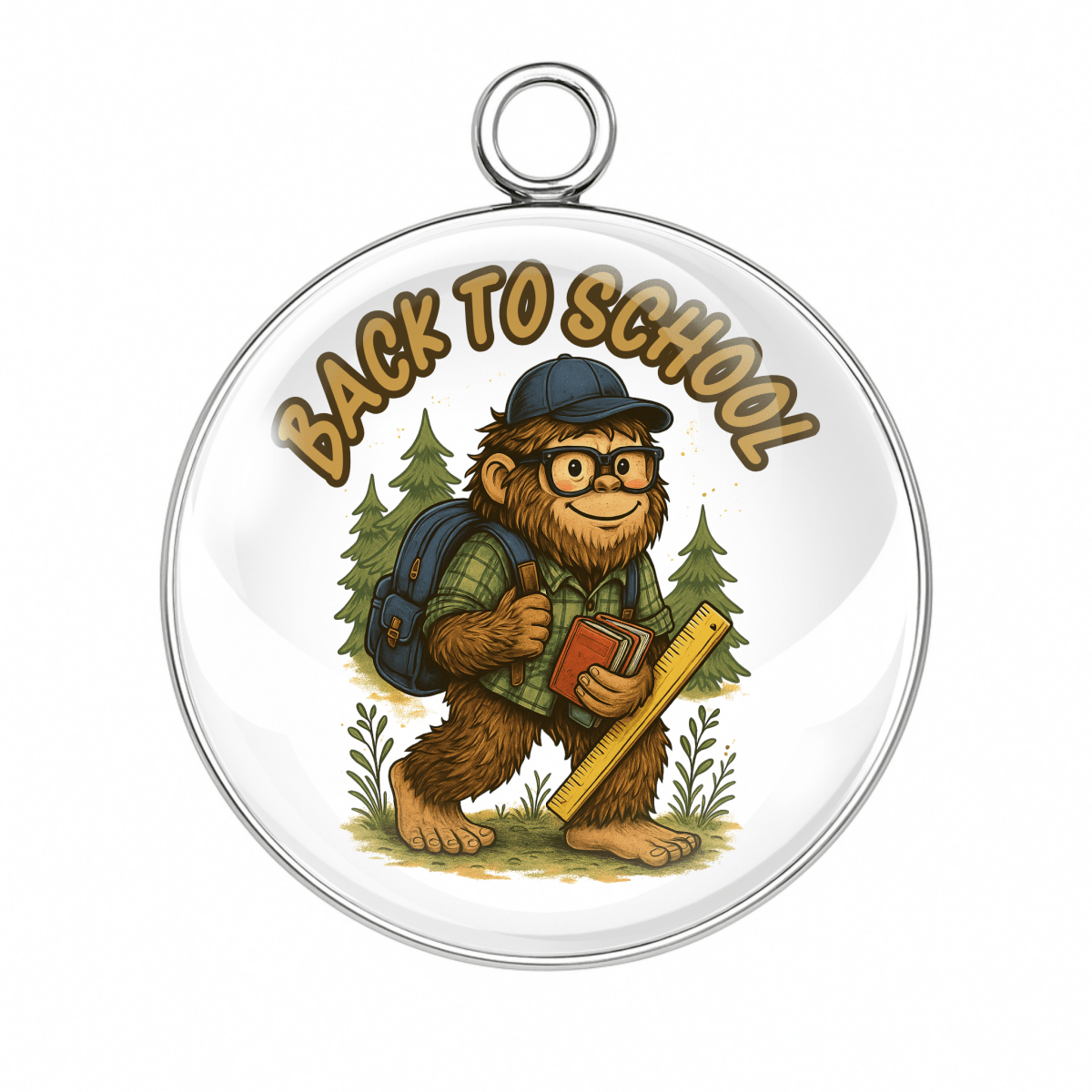 Cartoon Bigfoot hiking with schoolbooks and "Back to School" text.